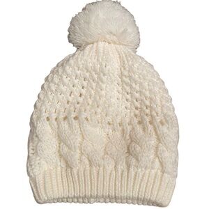 Woman’s winter hat, cable‎ knit with Pom Pom, off white